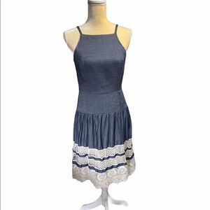 Ann Taylor Tiered Lace Chambray Dress - 0